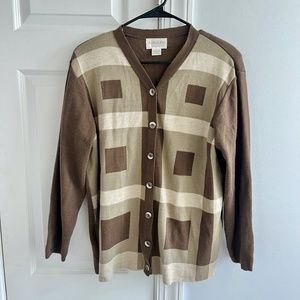 Adolfo Collectibles Geometric Print Brown V Neck Cardigan Sweater L